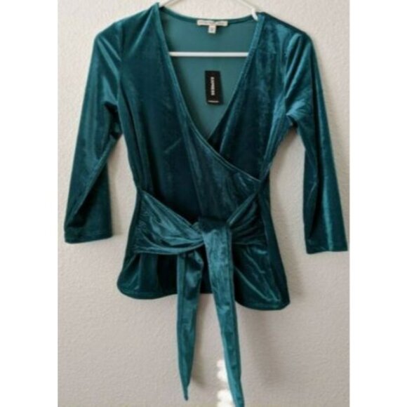 Express Wrap Blouse Womens XS Burgundy Red Velvet Ribbed Shirt tie top 0-2 NEW - Picture 13 of 14